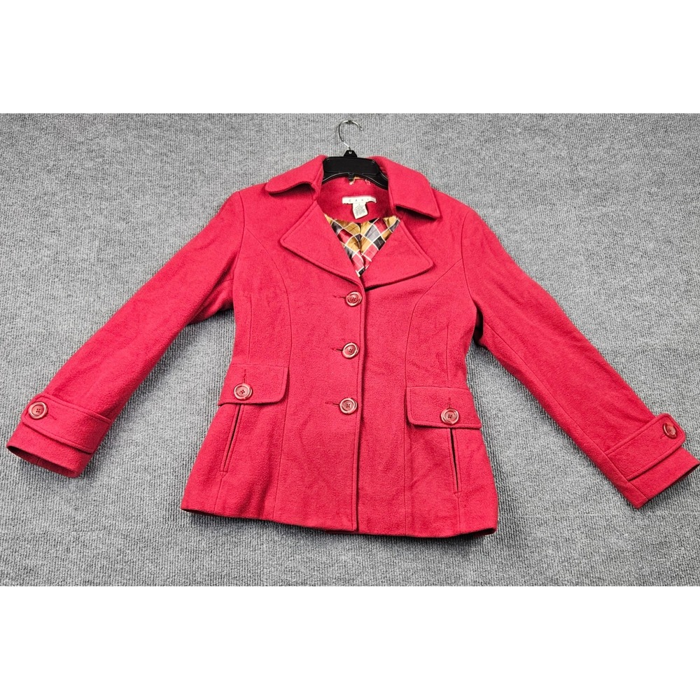 Cabi Red Wool Blend Pea Coat Jacket Plaid Lining Style 619 Womens Size 8